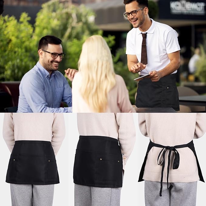 Server Apron with 5 Pockets - Rivet buckle Unisex Short/Half Waiter Waist Short Apron