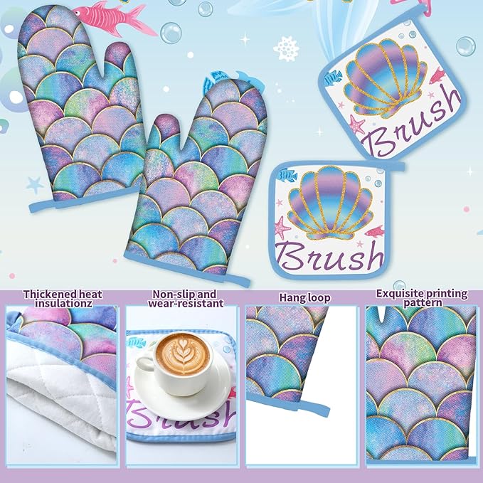 Fourluoo 10 Pcs Mermaid Kitchen Dish Towels Rugs Oven Mitts and Pot Holders Set Farmhouse Kitchen Decor Set for Women Mom Daughter Gift Cooking Baking Grilling