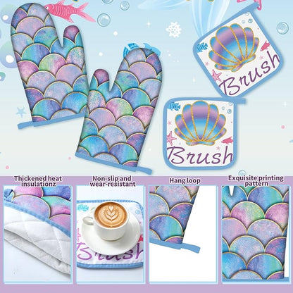 Fourluoo 10 Pcs Mermaid Kitchen Dish Towels Rugs Oven Mitts and Pot Holders Set Farmhouse Kitchen Decor Set for Women Mom Daughter Gift Cooking Baking Grilling