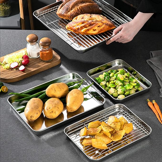 Baking Sheets 2 Pieces, Bastwe Stainless Steel Baking Pan Tray Cookie Sheet, Rectangle Size 9 X 7 X 1 inch, Healthy & Non Toxic, Rust Free & Mirror Finish, Easy Clean & Dishwasher Safe - Image 6
