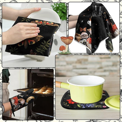 12 Pcs Black Witchy Kitchen Decor Set 4 Mushroom Kitchentowels 4 Absorbent Dishcloths 2 Sun Moon Star Oven Mitts Gloves 2 Butterfly Rustic Pot Holders Sets for Home Decorations Mom Gifts