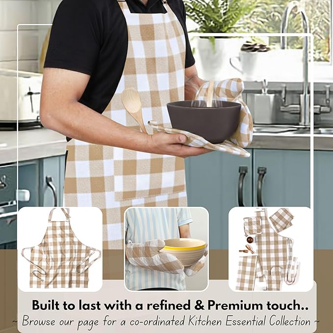 Native Fab Buffalo Plaid Check Oven Mitts and Pot Holders Set of 4, 100% Cotton Heat Resistant Kitchen Gloves, 2 Oven Mitts (7x13), 2 Pot Holders (8x8) for Cooking & Baking, Beige White - Image 2
