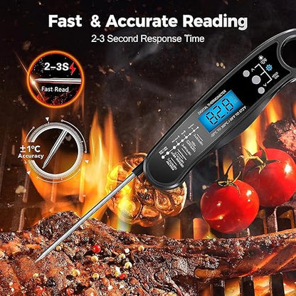 New 2-in-1 Instant Read Meat Thermometer for Cooking, Fast & Precise Digital Food Thermometer with Backlight, Magnet, Waterproof and Dual Foldable Probe for Kitchen Oven, Deep Fry, BBQ, Grill (Black)