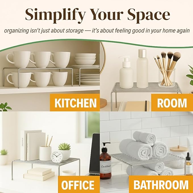 Evelots Kitchen Cabinet Wire Shelf Organizer/Rack - 4 Pack Sturdy Large Metal Shelf Risers - Double Your Counter Space - Great for Kitchen, Freezer, Pantry and Bathroom - Rustproof - Chrome - Image 6