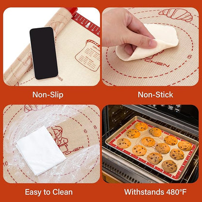 Non-Slip Silicone Baking Mat - 32x24 inch Extra Thick Pastry Mat with Measurements for Sourdough, Macarons, Bread, Pizza, Dough Rolling, Kneading, Oven Mat Heat Resistant to 480°F for Baker