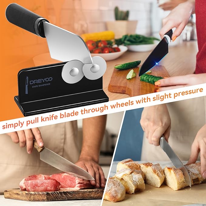 Dreyoo Cutlery Pointed Edge Knife Sharpener, Double Sided Stainless Steel Wheels Cutlery Knife Sharpener, Broadhead Knife Sharpeners for Kitchen Knives, Pocket Knives, Blade, Camping Use