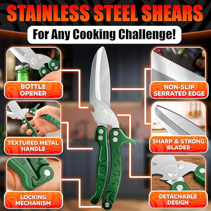 Heavy Duty Poultry Shears – Kitchen Shears Dishwasher Safe, Spring-Loaded, 3Cr14 Steel, Micro-Serrated, Separates for Easy Cleaning | Bone Scissors for Chicken, Turkey, Seafood & Fish Scale (Green)