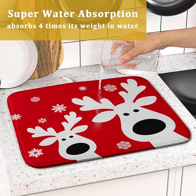 Xmas Dish Drying Mat for Kitchen Counter Cute Reindeer Holiday Snowflake Microfiber Absorbent Dish Draining Reusable Washable Foldable 16"x18" - Image 7
