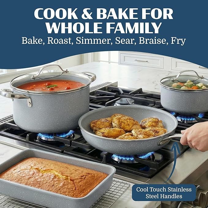 Granitestone Ceraluxe 20 Pc Ceramic Cookware Set Nonstick, Complete Pots and Pans Set Non Stick with 5 Pc Bakeware Set, Deep Frying Pan Set, & Steamer, Non Toxic PFOA Free, Oven & Dishwasher Safe - Image 7