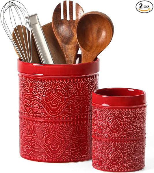 FUN ELEMENTS Kitchen Utensil Holder, 7.2+5.5" Super Large Utensil Crock Heavy and Stable Lace Emboss Ceramic Utensil Holder for Kitchen Counter (2Pcs Christmas Red) by IntoYourHouseOntoYourTable