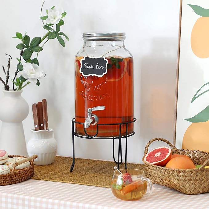 1.5 Gallon Glass Drink Dispenser with Stand – Large Beverage Dispenser with Stainless Steel Spigot, Chalkboard Tags & Marker – Glass Water Dispenser for Fridge, Parties, Weddings and Home Use,Silver - Image 5