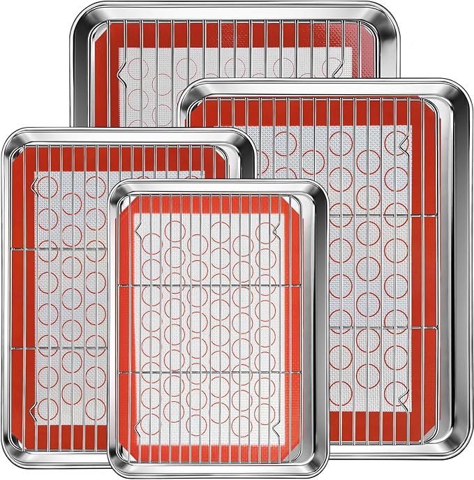 Baking Sheet Pan Set of 12, CEKEE Stainless Steel Cookie Sheets for Baking with Cooling Rack Silicone Baking Mat, Small/Quarter/Jelly Roll Pan, 9/10/12/16 Inch, Heavy Duty & Non Toxic & Easy Clean by CEKEEBakingEasilyHappily