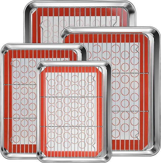 Baking Sheet Pan Set of 12, CEKEE Stainless Steel Cookie Sheets for Baking with Cooling Rack Silicone Baking Mat, Small/Quarter/Jelly Roll Pan, 9/10/12/16 Inch, Heavy Duty & Non Toxic & Easy Clean by CEKEEBakingEasilyHappily