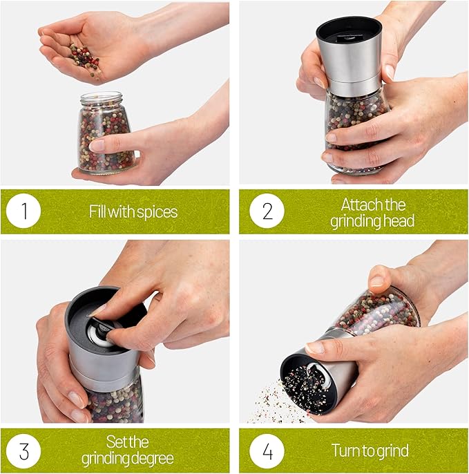 ZOLMER® Premium Stainless Steel Salt and Pepper Grinder Set | Adjustable Ceramic Mill - Small Silver Manual Grinder for Salt, Pepper, and Chili [No Spices Included]