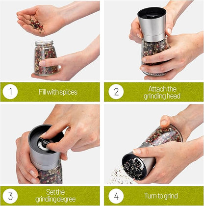 ZOLMER® Premium Stainless Steel Salt and Pepper Grinder Set | Adjustable Ceramic Mill - Small Silver Manual Grinder for Salt, Pepper, and Chili [No Spices Included]