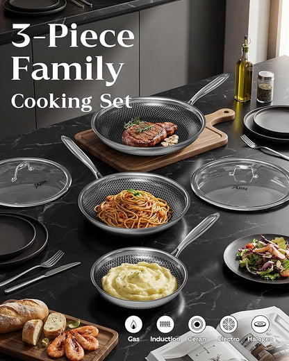 Nonstick Frying Pan Set, 8+10+12 Inch, Honeycomb Stainless Steel Skillet Pans Set, PFOA-Free Scratch-Proof, Dishwasher & Oven Safe, Compatible with All Cooktops