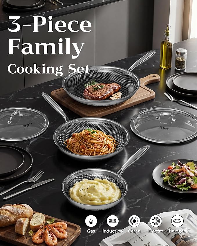 Nonstick Frying Pan Set, 8+10+12 Inch, Honeycomb Stainless Steel Skillet Pans Set, PFOA-Free Scratch-Proof, Dishwasher & Oven Safe, Compatible with All Cooktops