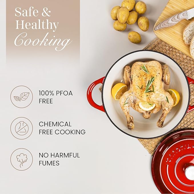 Cast Iron Pot with Lid – Non-Stick Ovenproof Enamelled Casserole Pot, Oven Safe up to 500° F – Sturdy Dutch Oven Cookware – Red, 5-Quart, 24cm – by Nuovva - Image 4