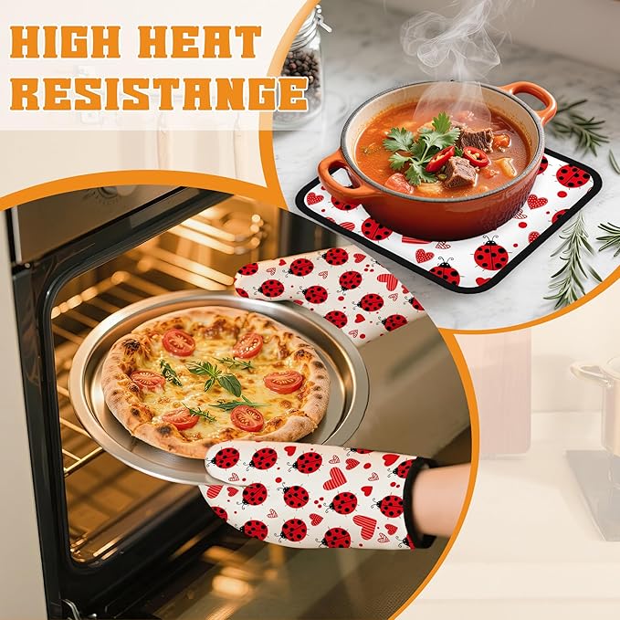 Cute Ladybug Oven Mitts and Pot Holders,Red Heart Heat Resistant Oven Mitts Gloves and Pot Holder for Home Kitchen Decorations Cooking Baking BBQ Gifts,Set of 4
