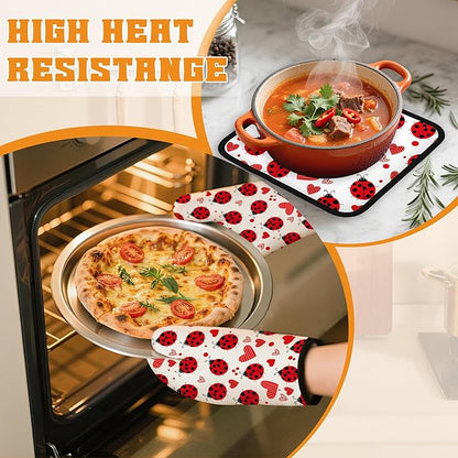 Cute Ladybug Oven Mitts and Pot Holders,Red Heart Heat Resistant Oven Mitts Gloves and Pot Holder for Home Kitchen Decorations Cooking Baking BBQ Gifts,Set of 4