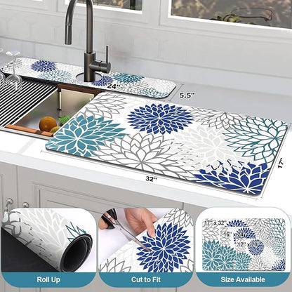 Findosom 2PCS 17" x 32" Dish Drying Mat & 24" x 5.5" Sink Splash Guard, Super Absorbent & Cuttable Dish Mat Drying Kitchen Mat with Blue Floral, Hide Stain Drying Mat for Kitchen Counter - Image 2