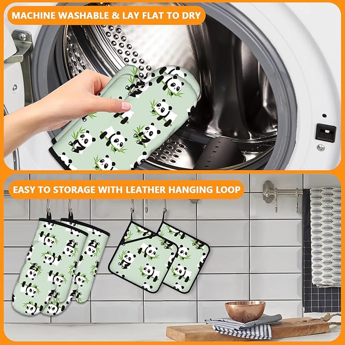 Cute Panda Oven Mitts and Pot Holders Sets 4Pcs,Extra Long Oven Gloves Potholder for Kitchen Cooking Baking BBQ 100% Cotton Heat Resistant - Image 5