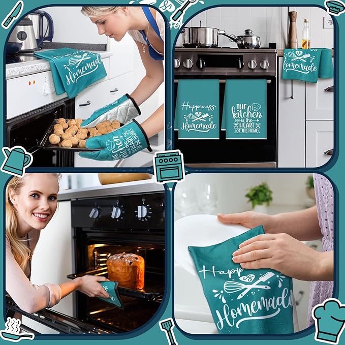 Sratte 6 Pcs Kitchen Decor Accessories Set Farmhouse Towels Pot Holders Oven Mitts Set 2 Dish Towels 2 Potholders 2 Cooking Mittens Oven Glove for Christmas Baking Cooking Supply(Teal,Kitchen) - Image 5