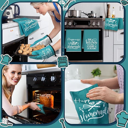 Sratte 6 Pcs Kitchen Decor Accessories Set Farmhouse Towels Pot Holders Oven Mitts Set 2 Dish Towels 2 Potholders 2 Cooking Mittens Oven Glove for Christmas Baking Cooking Supply(Teal,Kitchen) - Image 5