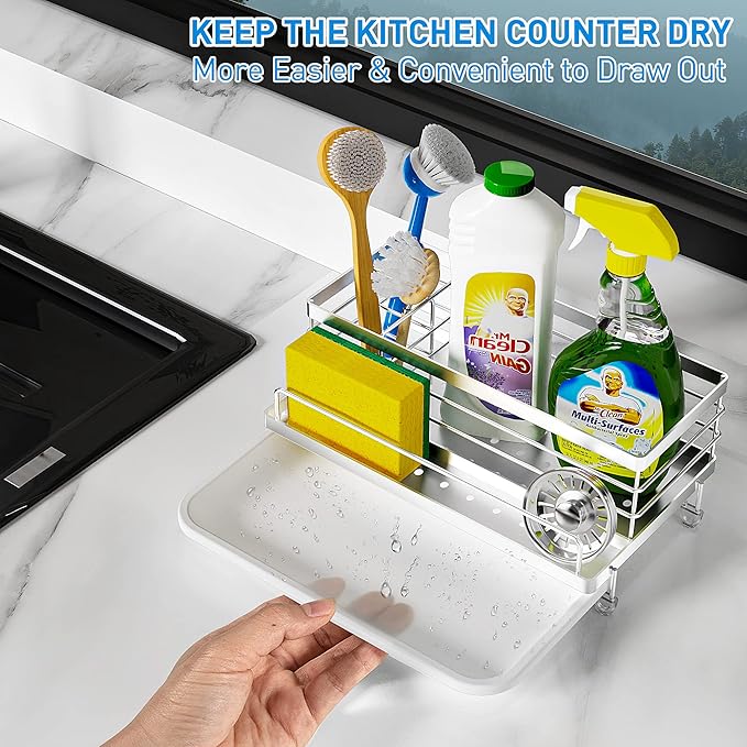 Cisily Stainless Steel Sponge Holder for Kitchen, Sink Caddy Sink Organizer Rack for Kitchen Accessories with Drip Tray, Rustproof and Non-slip, Dish Soap Dispenser Countertop Organizer - Image 3