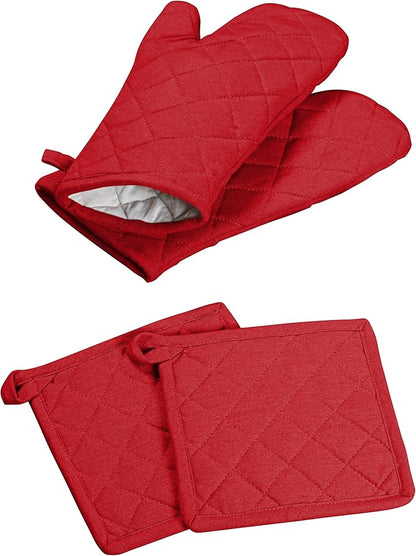 Oven Mitt + Pot Holder 100% Cotton Heat Resistant Kitchen Oven Gloves (7"x13") & Hot Pads (8"x8") for Gifts, Chef, Women & Men - Red