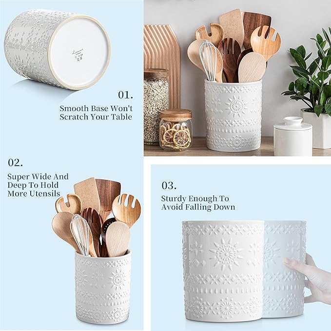 LOVECASA Extra Large Kitchen Utensil Holder, 7.2" Ceramic Farmhous Utensil Holder For Kitchen Countertop Décor With Heavy And Sturdy Base, Utensil Crock Organizer, White - Image 7