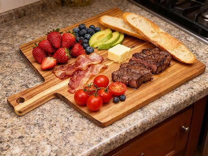 Large Acacia Wood Cutting Board with Handle 17''X13'', Charcuterie Board, Serving Board, Chopping Board for Meat, Cheese, Bread, Vegetables & Fruits (Square) - Image 4