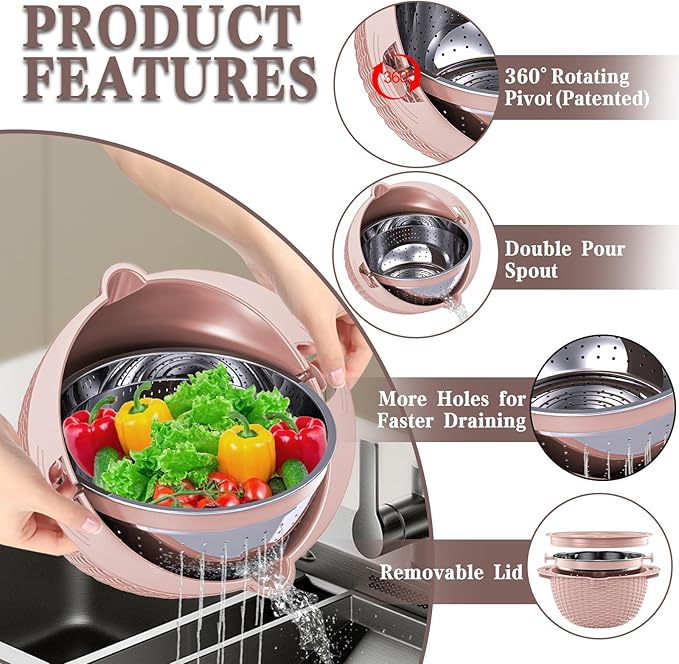 4-1 Strainer Bowl with Lid Set - Strainers and Colanders, Colander for Kitchen, Pasta Strainer, Fruit Cleaner, Veggie Wash, Funny Kitchen Present, Fruit Washing Bowl, Cooking Present for Women - Pink - Image 3