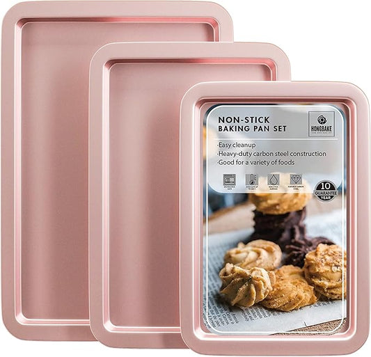 HONGBAKE Baking Sheet Pan Set, Cookie Sheet for Oven, Nonstick Bakeware Sets with Wider Grips, 3 Pack Half/Jelly Roll/Quarter Baking Tray, Premium, Dishwasher Safe-Pink by HONGBAKE