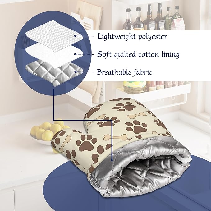Dog Bone Paw Print Pot Holders and Oven Mitts Set Silicone Cute Animal Paws Kitchen Gloves Potholders Heat Resistant Washable,Chef Cooking Baking Gifts for Women Men Bakers Lover Cooks