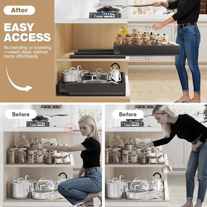 Seinloes 4 Pack Pull Out Cabinet Organizer With Raising Pad for Framed Cabinets,Expandable Width (13"-21") and Depth (17"-24"),3 Slide Rails Slide Out Drawers with Handle,No-Drill Roll Out Shelf,Black - Image 4