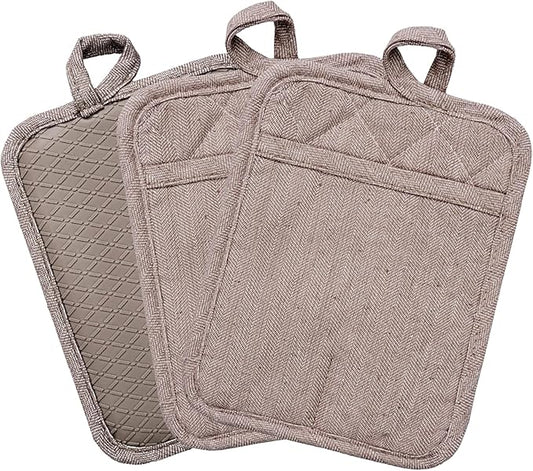 Pot Holders Yarn-Dyed Set of 3 Non Slip Silicone Kitchen Lines Heat Resistant 500℉ Kitchen Gloves BBQ Cooking Baking Cooking Barbecue Microwave Machine Washable (Khaki Pot Holders)