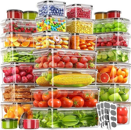 56 Piece Food Storage Containers with Lids(28 Containers & 28 Lids), BPA-Free Plastic Food Containers for Kitchen Storage and Organization, Leak Proof Meal Prep Container, Includes Labels & Pen by Canfanni