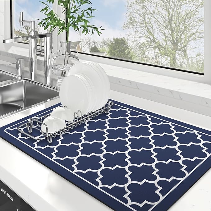 WISELIFE Dish Drying Mat Super Absorbent Drying Mat Large Dish Drying Mats for Kitchen Counter Easy Clean Dish Mat Kitchen Drying Mat16"x 24" Stylish Blue by WiseLife