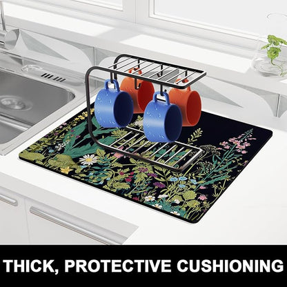 Rnivvi Dish Drying Mat for Kitchen Counter, 16 x 18" Cute Flower Theme Absorbent Heat Resistant Drying Pad with Non-slip Rubber, Coffee Bar Mats for Dish Rack Kitchen Decor Accessories, Black - Image 2