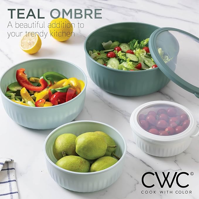 COOK WITH COLOR Prep Bowls with Lids- Wide and Deep Nesting Plastic Small Mixing Bowl Set with Lids, 12 Piece Set - Wide Bowls, Teal - Image 5