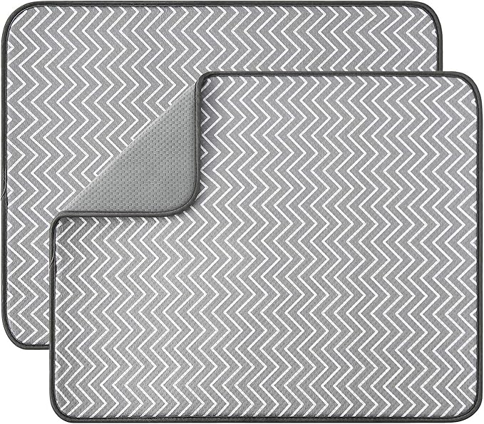 SUBEKYU Dish Drying Mat for Kitchen Counter, Microfiber Absorbent Dishes Drainer/Rack Pads under Sink, 19.6 by 16.1 inches, Set of 2, Grey, Ripple by SUBEKYU