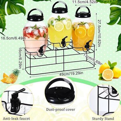Tanlade 3 Pcs Plastic Drink Dispenser with Spigot and Metal Stand 1.2 Gallon Beverage Dispenser for Parties Juice Dispensers Lemonade Jar with Lids for Cold Drink Tea Water Container (Black)