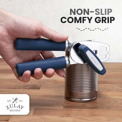 Zulay Kitchen Heavy Duty Stainless Steel Can Opener Manual with Bottle Opener - Rust Proof Manual Can Opener With Turn Knob & Comfy Soft Grip Handles - Blue - Image 5