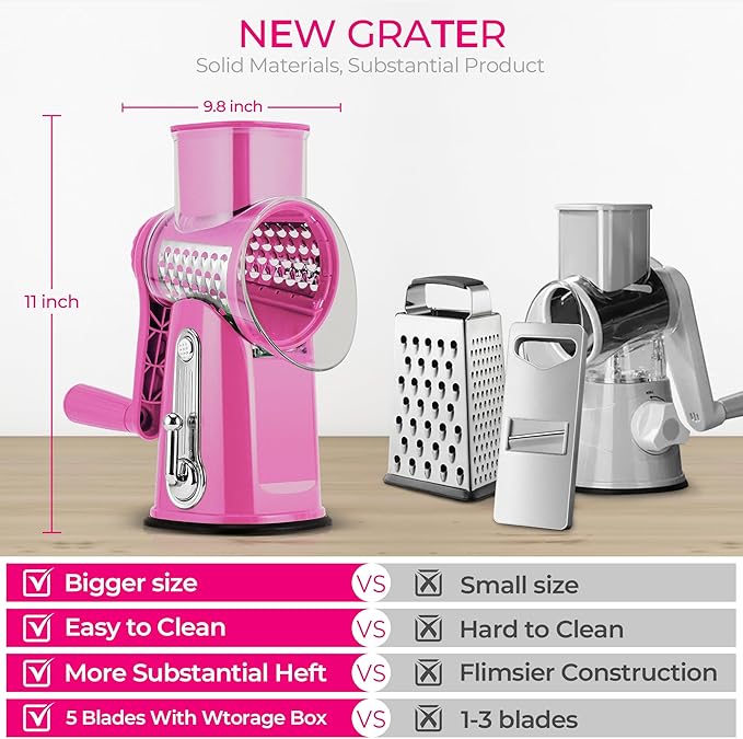 SUSTEAS Rotary Cheese Grater with Handle - Vegetable Shredder with 5 Well-designed Blades & Strong Suction Base,Round Mandoline Slicer & Food Chopper for Kitchen,with Blade Storage Box(Pink) - Image 2