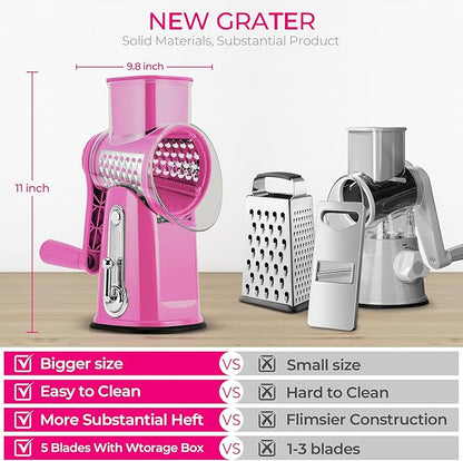 SUSTEAS Rotary Cheese Grater with Handle - Vegetable Shredder with 5 Well-designed Blades & Strong Suction Base,Round Mandoline Slicer & Food Chopper for Kitchen,with Blade Storage Box(Pink) - Image 2