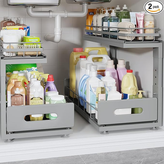 Under Sink Organizer Upgrade To Professional Rails,2-Tier Dual Pull Out Cabinet Storage,Height Adjustable Slide Out Drawers For Bathroom Kitchen,2 Pack-18.5"Dx12.8"-16.9"H,Gun Gray by UnderSinkOrganizer