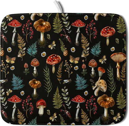 Mushroom Forest Dish Drying Mat Fern Leaves Black Drainer Mat for Kitchen Countertop 16 X 18 Inch by Giwawa
