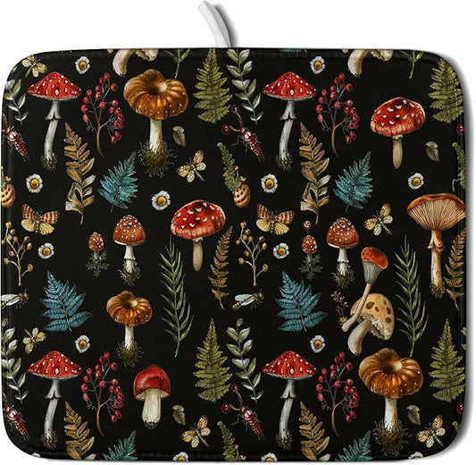 Mushroom Forest Dish Drying Mat Fern Leaves Black Drainer Mat for Kitchen Countertop 16 X 18 Inch by Giwawa