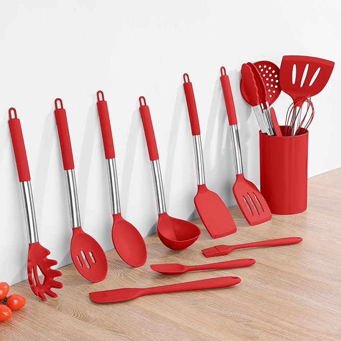 Onader 15 Pcs Silicone Cooking Utensils Set, Red Kitchen Utensils Spatula Set with Holder, Large Kitchen Gadgets Tools for Nonstick Cookware - Image 9